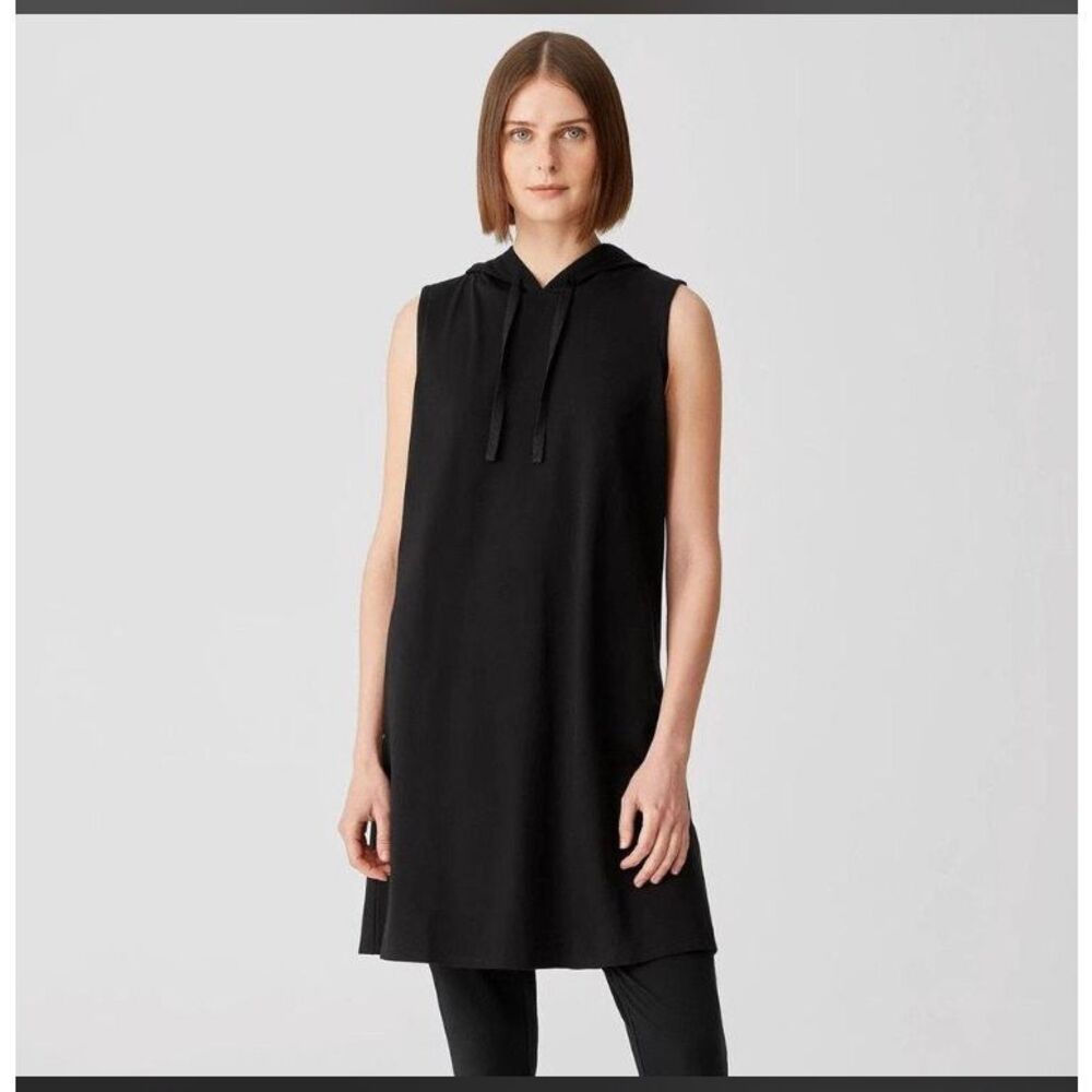 Eileen Fisher Sleeveless Hooded Knee Length Dress Kangaroo Pocket XL #100